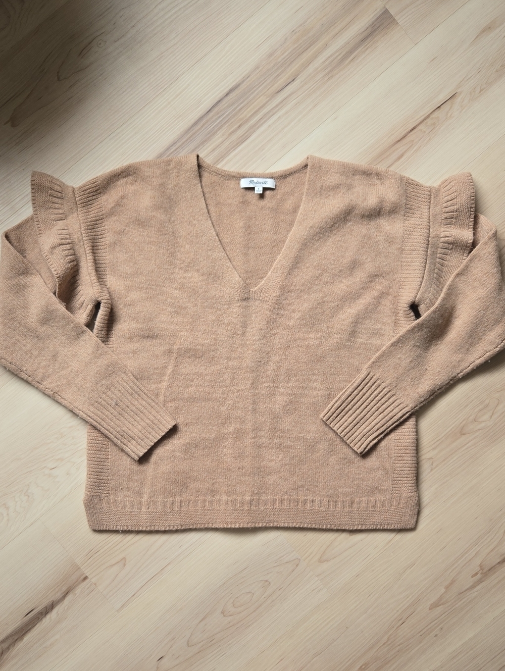 Madewell Ruffle Sleeve 100% Merino Wool Sweater, Tan, Size Small